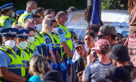 Police face anti-Covid mandate protesters in Wellington.