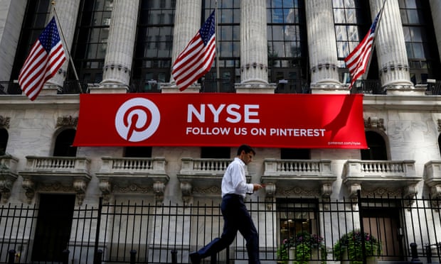 A Pinterest banner hangs on the facade of the New York Stock Exchange 
