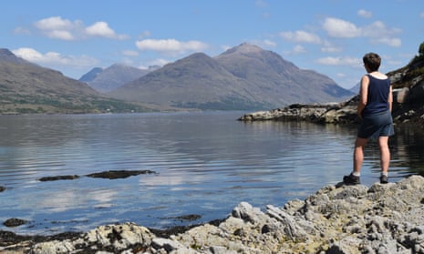 John Main’s wife Marian looking inland up Upper Loch Torridon to Liathach in Wester Ross, Scotland.
