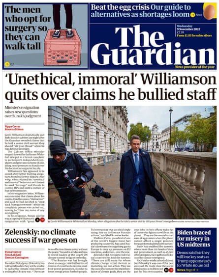 Guardian front page, 9 November 2022