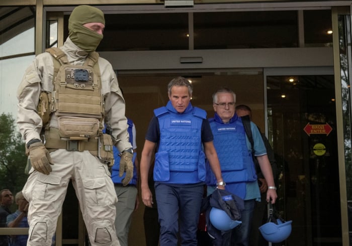 The International Atomic Energy Agency director general, Rafael Mariano Grossi, leaves a hotel as the IAEA mission departs for a visit to Zaporizhzhia.