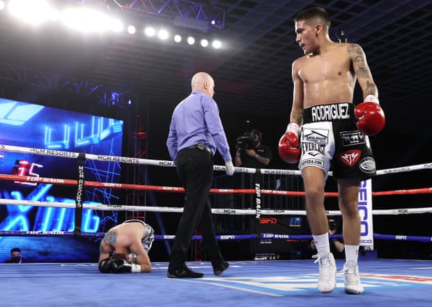 Jesse Rodriguez looks on after taking down Saúl Juárez at the MGM Grand in December 2020