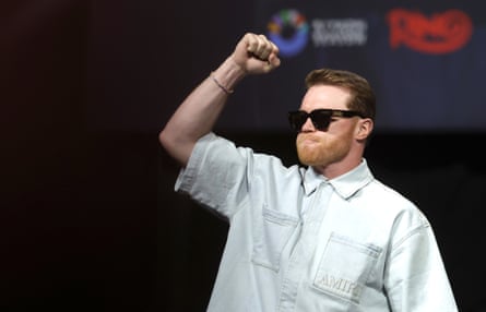 Canelo Álvarez arrives onstage for a convention astatine T-Mobile Arena successful Las Vegas connected 27 June 2025.