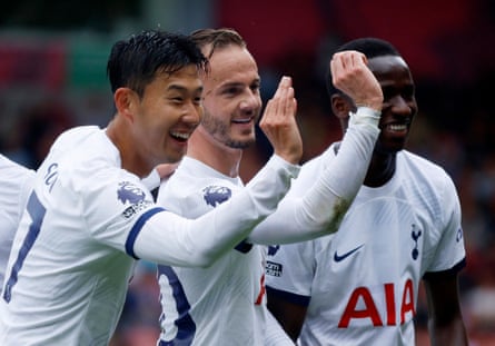 26 August 2023 Tottenham’s James Maddison celebrates scoring their first goal against Bournemouth with Son Heung-min and Pape Sarr.