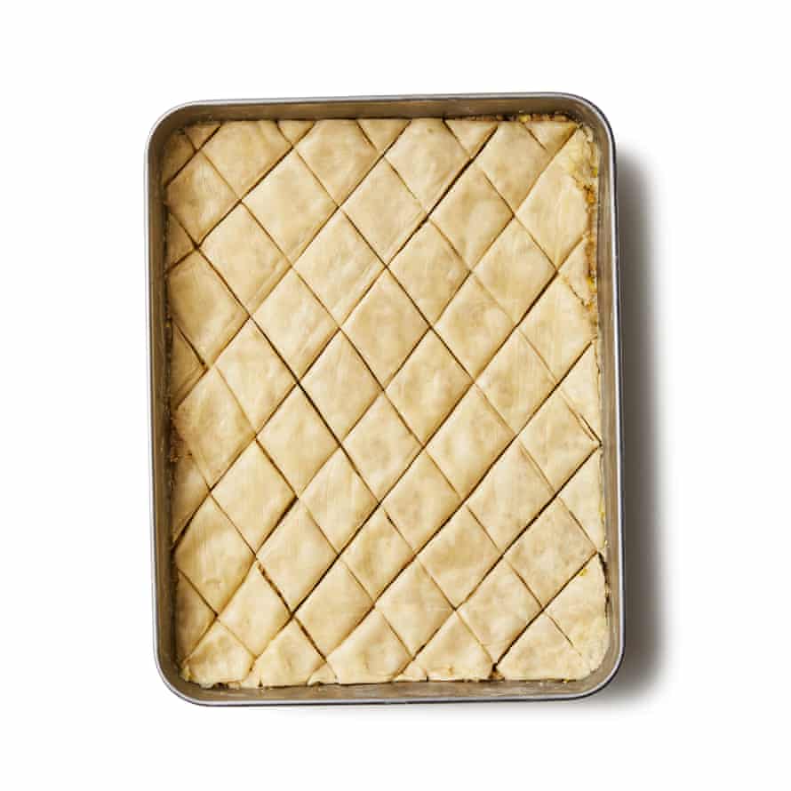Felicity Cloake’s Baklava 07a Using a sharp knife, cut through the filo layers and filling in parallel lines spaced about 4cm apart, then repeat on the diagonal so the pastry is divided into diamond shapes. Bake for about an hour, until richly golden on top, turning the baklava around halfway through, so it colours evenly.