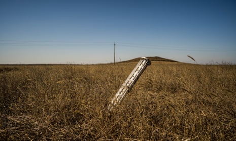 An unexploded missile stuck in the ground in a wheat field in Mykolayiv, southern Ukraine.