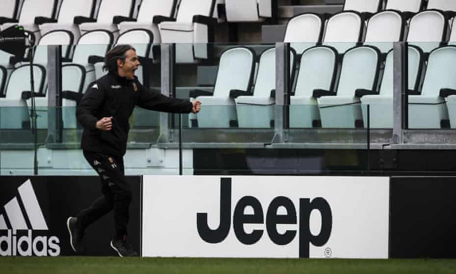 Benevento coach Filippo Inzaghi storms off down the touchline to celebrate victory at Juventus