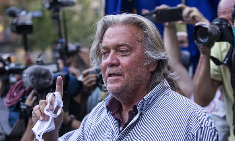 Steve Bannon speaks with reporters in New York in August 2020. 
