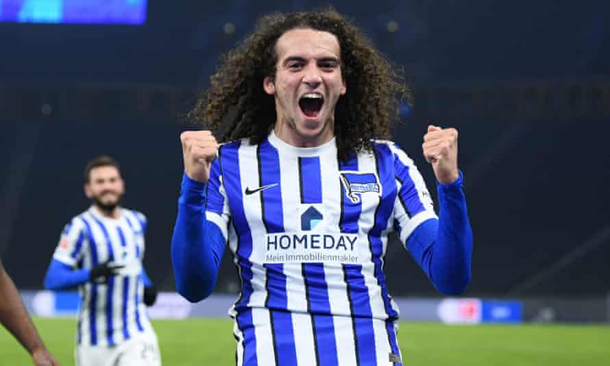 Hertha’s on-loan Arsenal midfielder Matteo Guendouzi celebrates scoring the opening goal against Schalke.