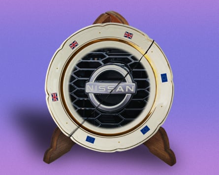 A cracked dinner plate showing the Nissan car logo