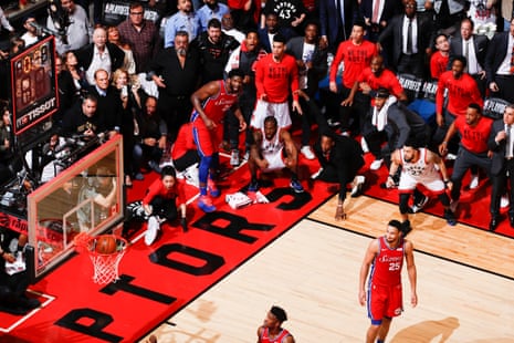 Kawhi Leonard of the Toronto Raptors hits the game-winning shot against the Philadelphia 76ers during Game Seven of the Eastern Conference Semifinals of the 2019 NBA Playoffs on May 12, 2019 at the Scotiabank Arena in Toronto, Ontario, Canada