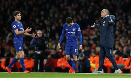 Maurizio Sarri vents his frustration as Marcos Alonso (left)and Mateo Kovacic look on.