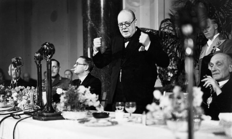 Winston Churchill giving a speech at County Hall, London, in 1941.