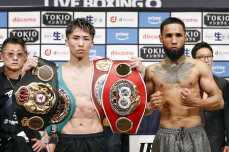 Japan’s Naoya Inoue, left, and Mexico’s Luis Nery pose for a photo after Sunday’s official weigh-in in Tokyo.