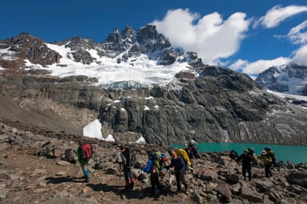 Hikers trek in Cerro Castillo national park, in the region of Aysen.