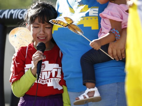 Akemi Vargas, 8, cries as she talks about being separated from her father during an immigration family separation protest