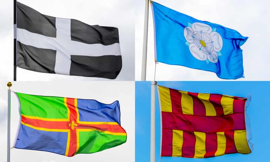 The county flags of Cornwall, Yorkshire, Northumberland and Lincolnshire.