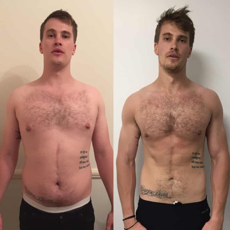 Before and after picture of Tom Ward for feature on body transformations