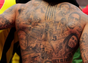 Rosa Parks, Malcolm X, Martin Luther King, Bob Marley and Nelson Mandela tattooed on Andre Gray’s back