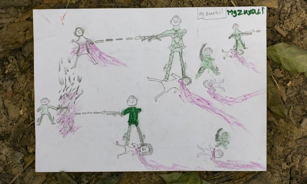 A drawing by Manzur Ali, an 11-year-old now in Bangladesh, shows the Myanmar military attacking and abusing Rohingya people, scenes he says he witnessed while fleeing his village