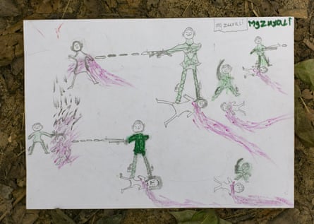 Manzur Ali, 11, has illustrated a scene he witnessed while shopping at a market days before fleeing to Bangladesh. It shows the Myanmar military stamping on people’s throats – including a relative and neighbours of his – and setting people on fire