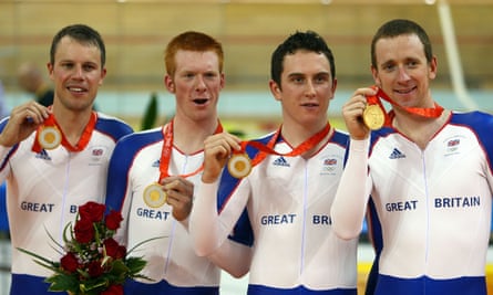 Geraint Thomas celebrates team pursuit gold in the 2008 Olympics along with Paul Manning, Ed Clancy and Bradley Wiggins.