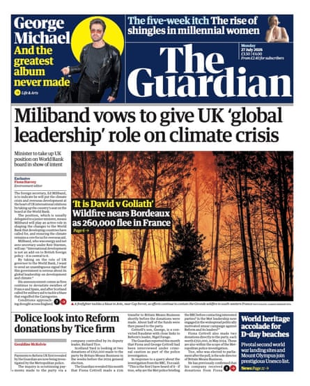 Front page of the Guardian 27 July 2026