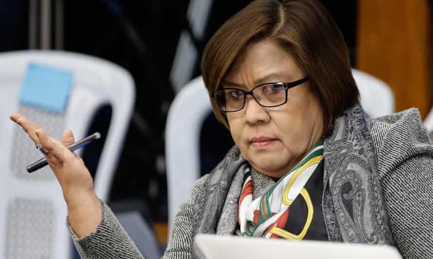 Senator Leila De Lima gestures during a hearing at the Philippine Senate.