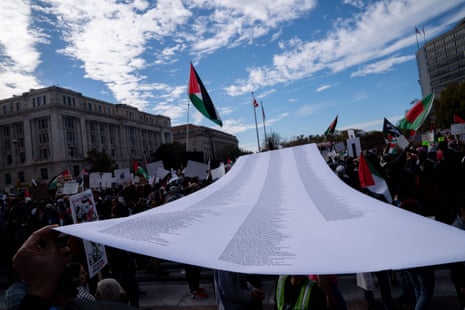 Demonstrators gather in Freedom Plaza during a rally in support of Palestinians in Washington, DC, on November 4, 2023.