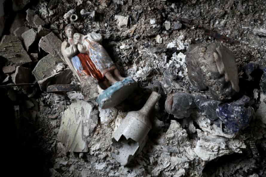 Remains of a home’s decorations are seen at shelled Severnaya Saltyvka residential area in Kharkiv, Ukraine.