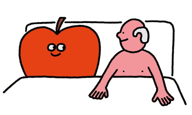An illustration of a man in a double bed with a red apple