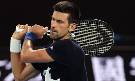 TENNIS-AUS-OPEN<br>Novak Djokovic of Serbia attends a practice session ahead of the Australian Open tennis tournament in Melbourne on January 14, 2022. (Photo by MARTIN KEEP / AFP) / --IMAGE RESTRICTED TO EDITORIAL USE - NO COMMERCIAL USE-- (Photo by MARTIN KEEP/AFP via Getty Images)