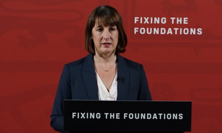 Rachel Reeves giving a speech, standing at a podium bearing the words ‘Fixing the foundations’.