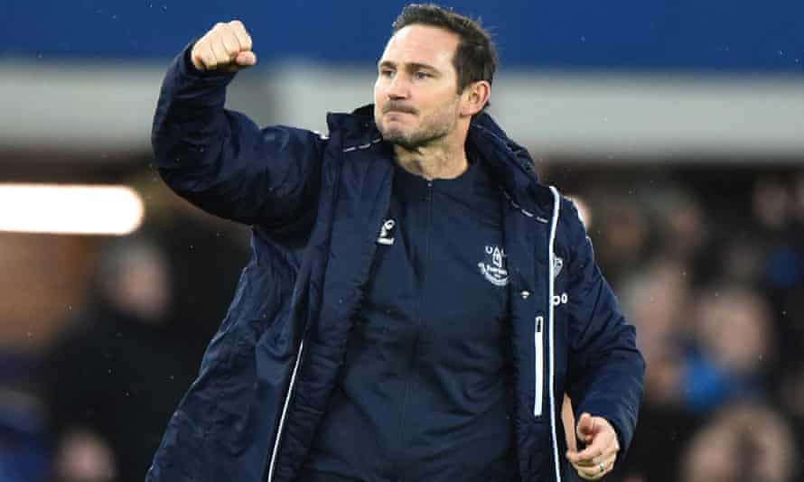Frank Lampard punches the air after the full-time whistle blows on Everton’s 4-1 win