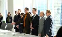 Alexander Skarsgård (Lukas Matsson) and Matthew Macfadyen (Tom Wambsgans), centre, and co in the final episode of Succession.