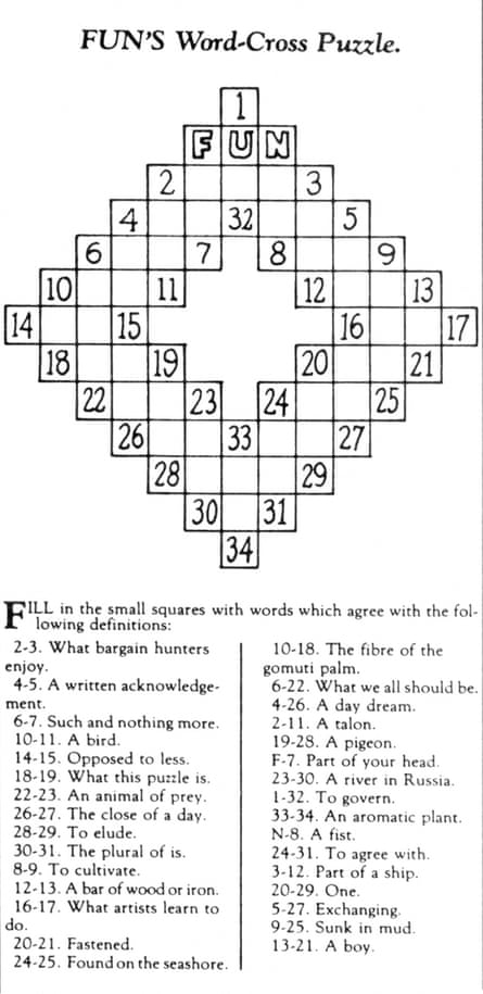 The first ever crossword puzzle, in the New York World, 21 December 1913.