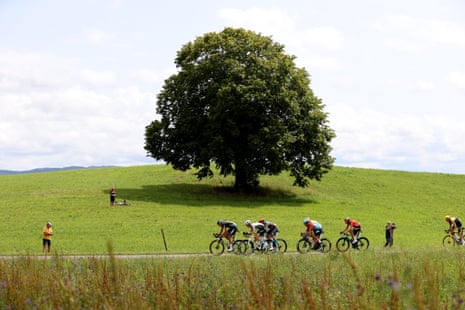 A very scenic shot of the earlier breakaway that included Politt, Pedersen and Campenaerts during stage 19.