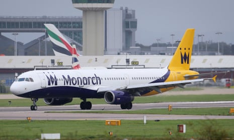 A Monarch plane lands at Gatwick airport, London.