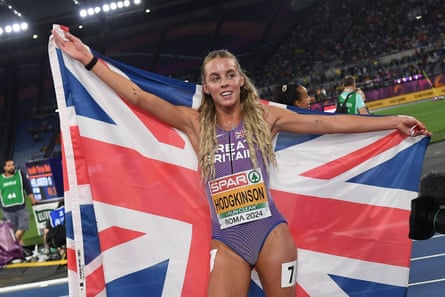 Keely Hodgkinson celebrates the victory after the women's 800m final at the European Championships in Rome this month