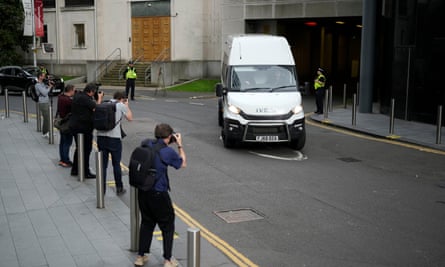 A prison van believed to be carrying Lucy Letby leaves Manchester crown court on Monday.