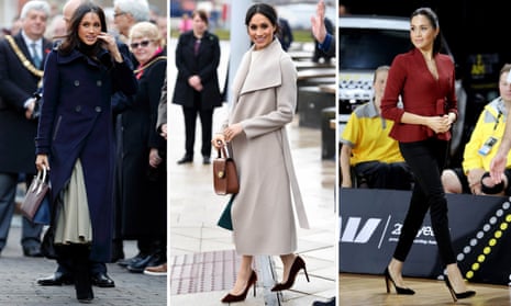 Left to right: Meghan Markle carries a Strathberry bag in Nottingham, wears a Mai coat in Belfast, and Outland jeans in Australia.