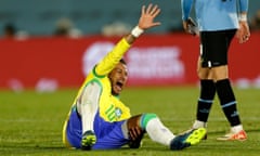 Brazil’s Neymar reacts after sustaining an injury during a World Cup qualifier against Uruguay in October.