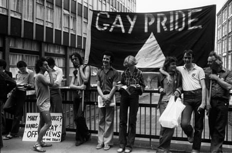 Members of the Gay Liberation Movement protesting outside the Old Bailey over Mary Whitehouse’s court action against the Gay News Magazine, 4 July 1977.