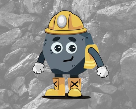A cartoon piece of coal dressed as a miner with a coal background