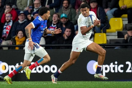 Tyler Offiah of England Under-20s on his way to scoring against France in March 2026