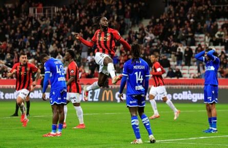 Nice’s Evann Guessand celebrates after scoring against Auxerre in March 2025.