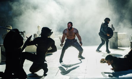 The battlefield is well-evoked with light, sound and projections … David Oyelowo (Coriolanus) in Coriolanus.
