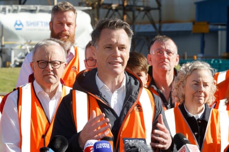 Chris Minns and Anthony Albanese at Tomago Aluminium in NSW this morning.