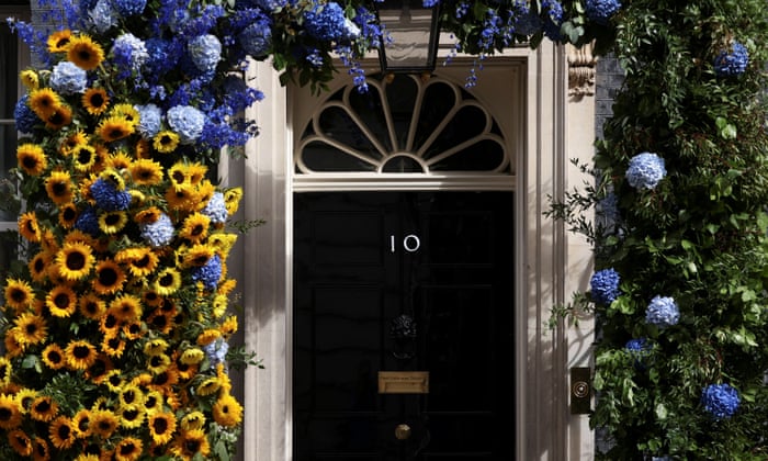 A view of a floral display arch to mark Ukraine's Independence Day in front of the door of 10 Downing Street.