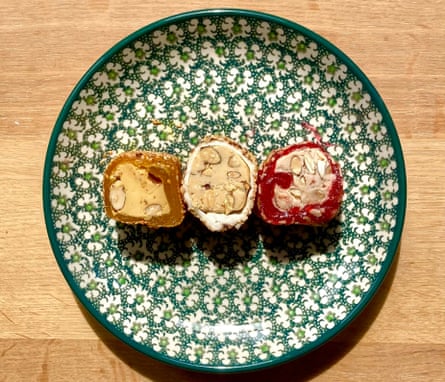three pieces of Turkish delight on a plate